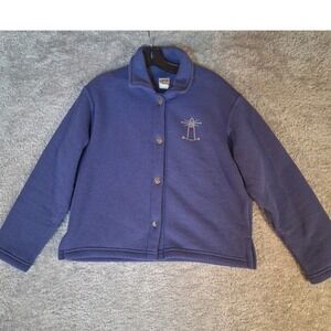 Can-Do Fashions Blue Fleece Jacket Medium Lighthouse Rhinestones VTG USA 4290M66